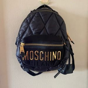 Moschino Small Black Quilted Backpack with Gold Tone Hardware, Zippers and Logo